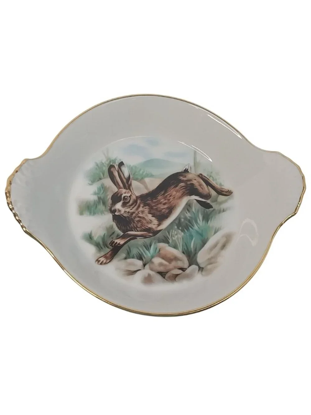 Apilco France Porcelain Decorative Trinket Dish Rabbit Hare Gold Trim